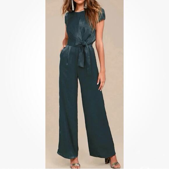 Lulus Let Me Entertain You Dark Green Satin Wide Leg Jumpsuit Size XL Party NWT - Picture 1 of 10
